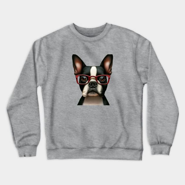 Cutest Boston Terrier with Red Glasses Crewneck Sweatshirt by ThePawPrintShoppe